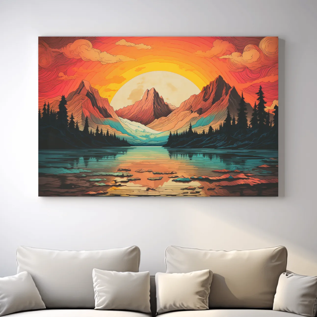 Vibrant illustration of sunset over an alpine lake