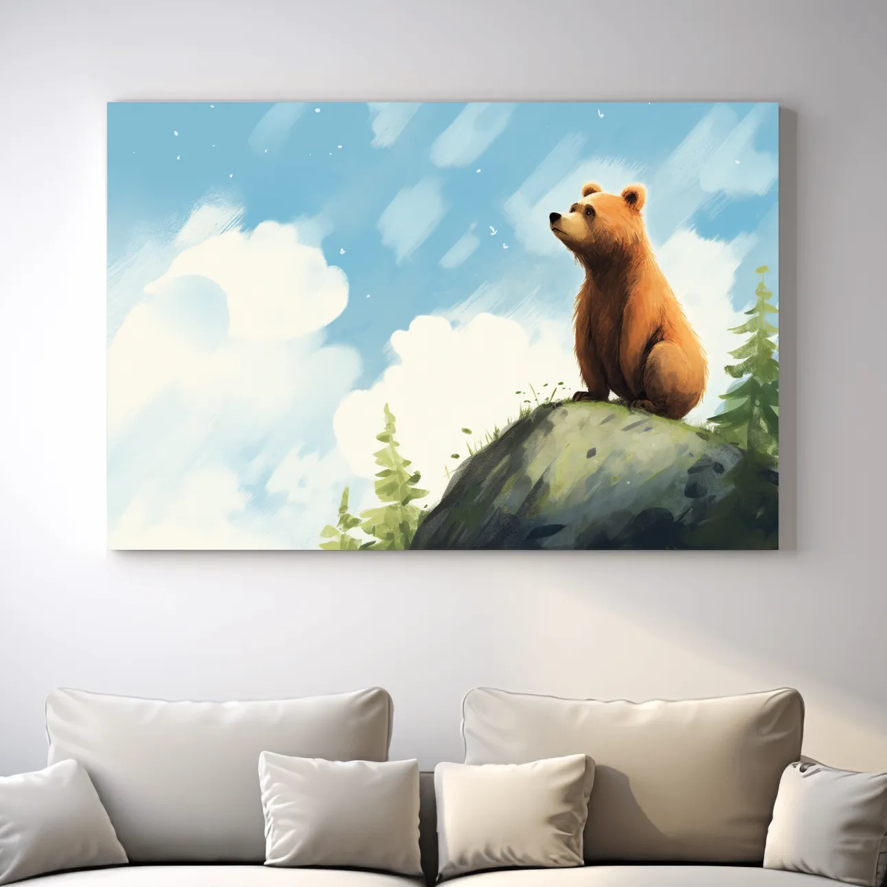Bright fun painting of a bear gazing into the sky