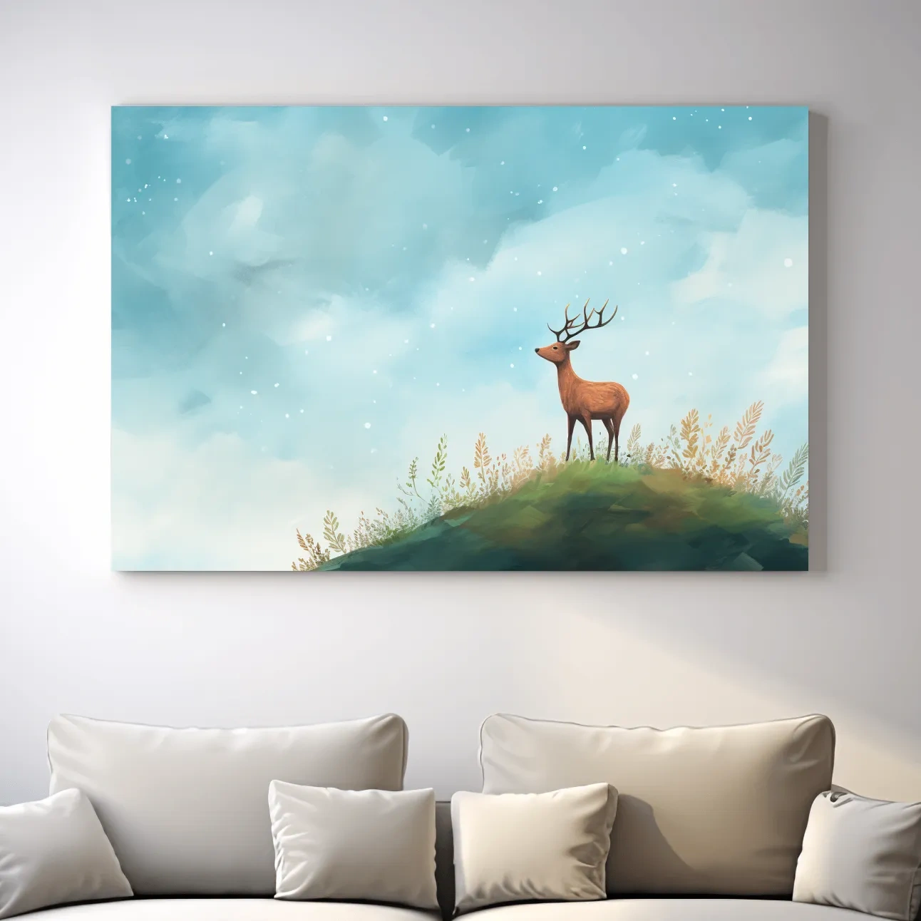 Whimsical Watercolor Stag On Meadow Hill - Nursery Woodland Wildlife Wall Art
