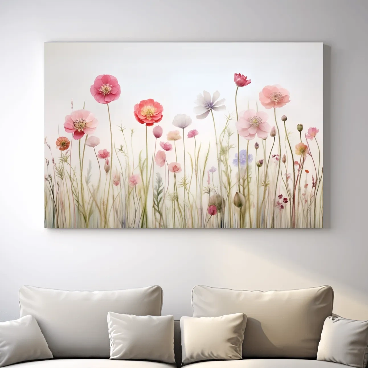 Soft Pastel Wildflower Meadow Watercolor - Minimalist Floral Botanical Wall Art