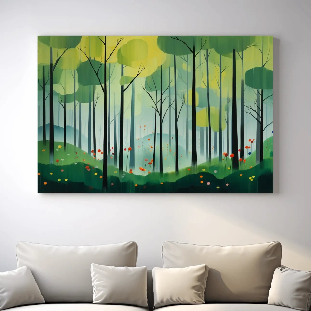 Painting of a bright green forest