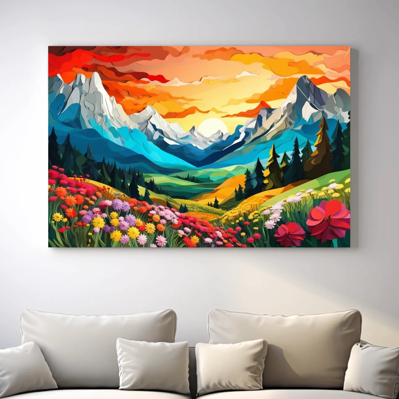 Vibrant paper cutout style art of an alpine meadow at sunset