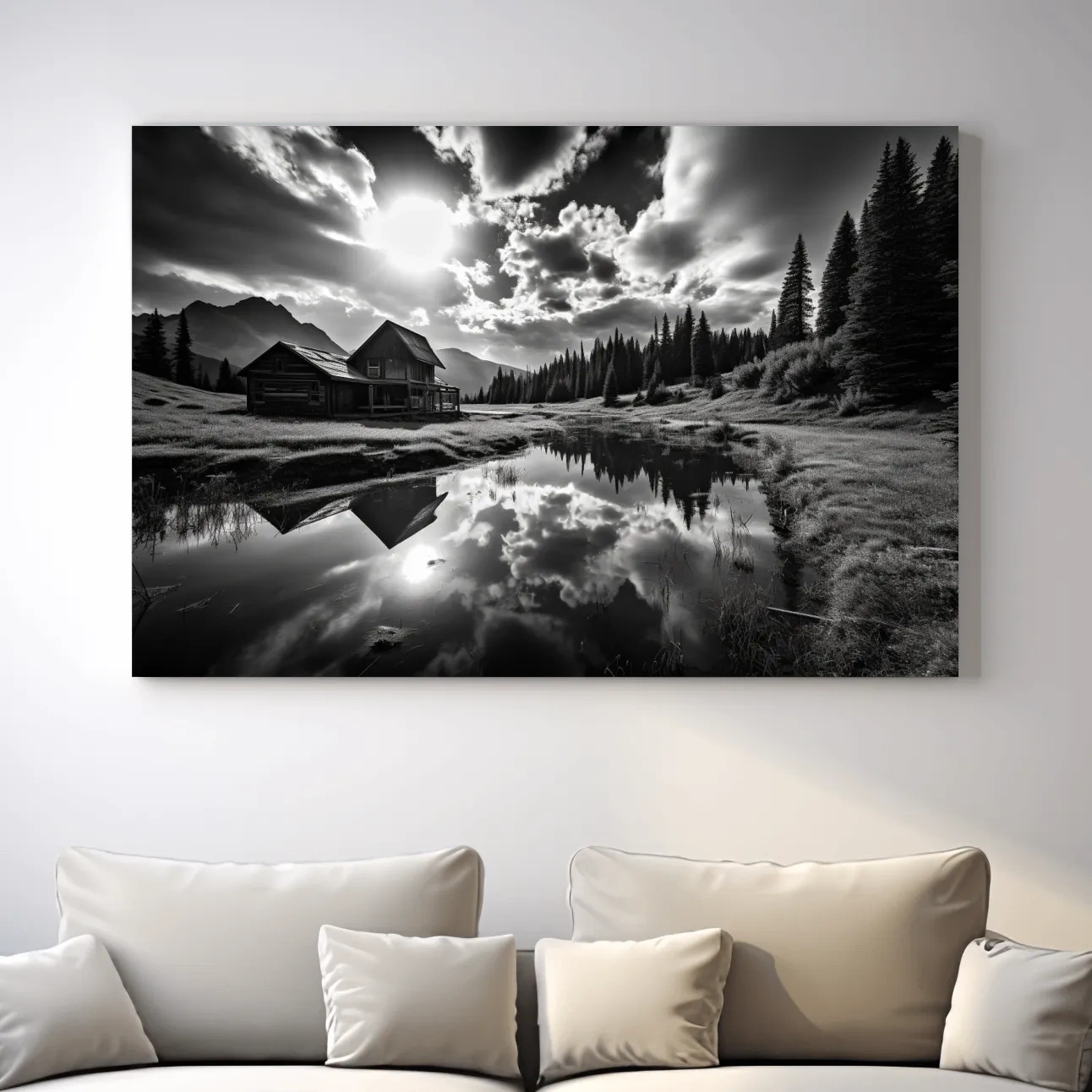 Moody Black And White Mountain Cabin Reflection - Dramatic Alpine Landscape Photography Wall Art