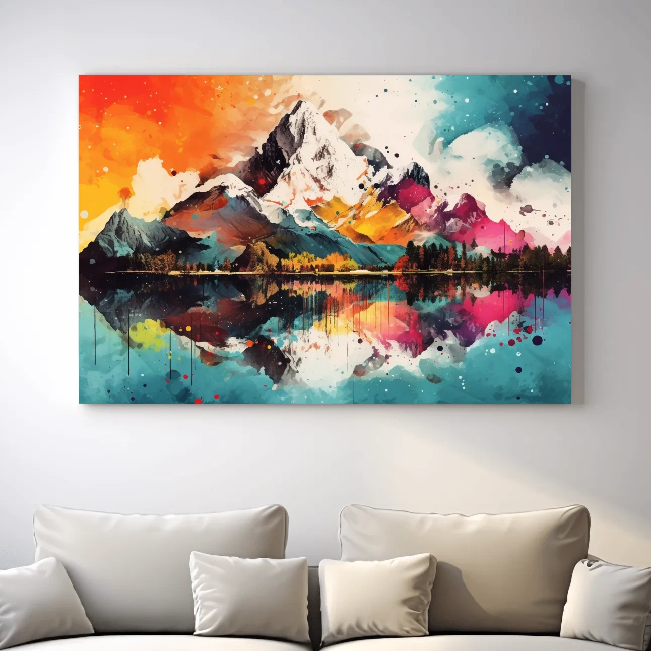 Vibrant Abstract Mountain Lake Collage Artwork - Colorful Watercolor Splash Wall Art