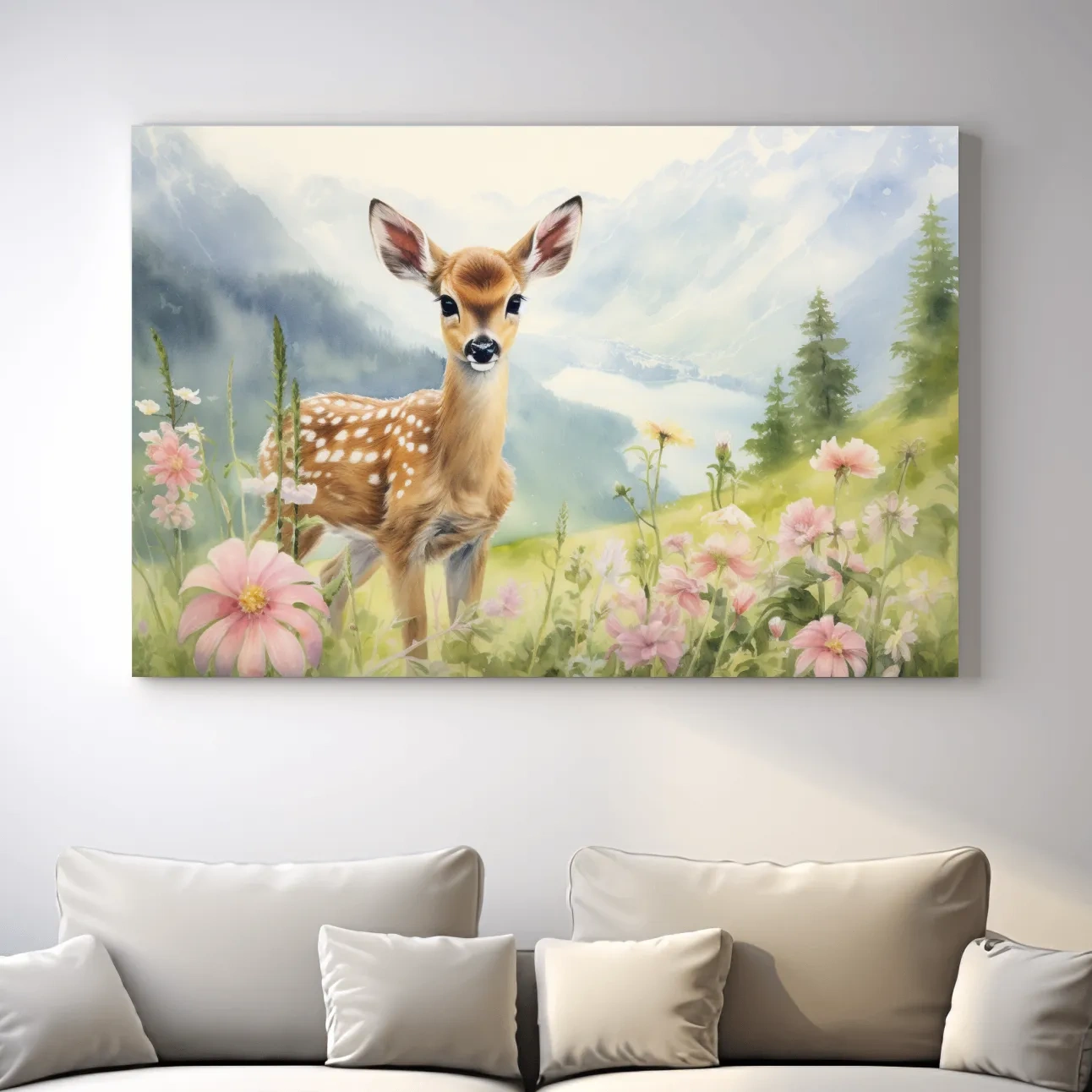 Painting of a deer fawn in the alpine meadows