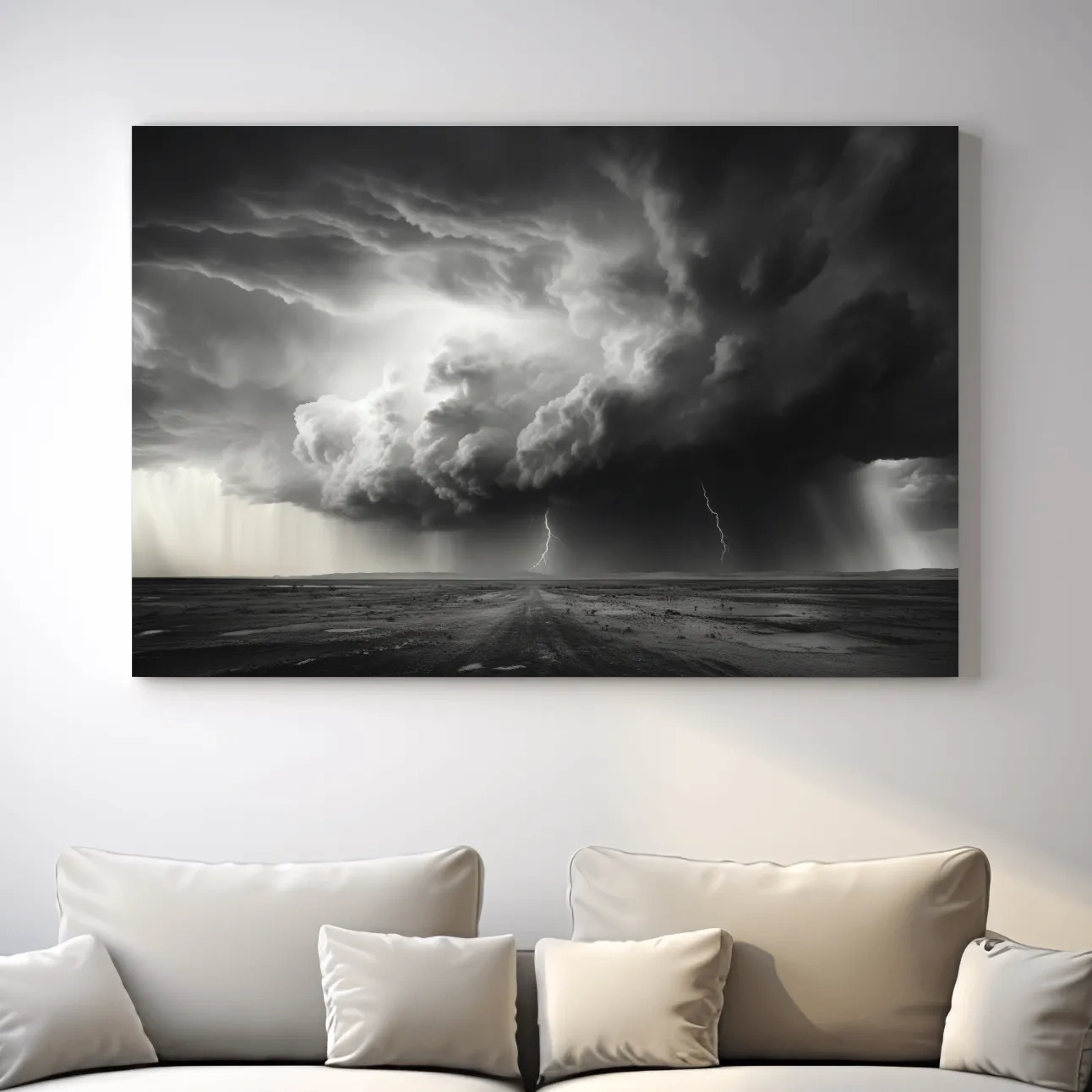 Moody Monochrome Thunderstorm Lightning Landscape - Dramatic Storm Cloud Wall Art