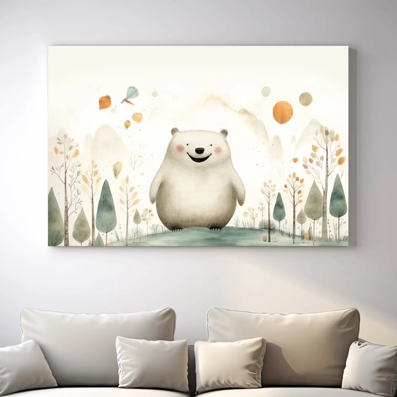 Storybook nursery art, happy bear in the forest