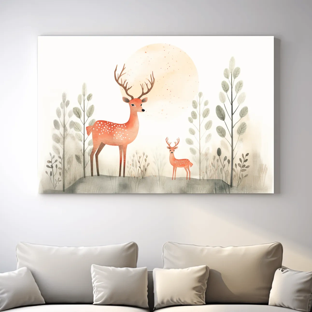 Storybook childrens illustration art, cute deer family in the forest, nursery wall art