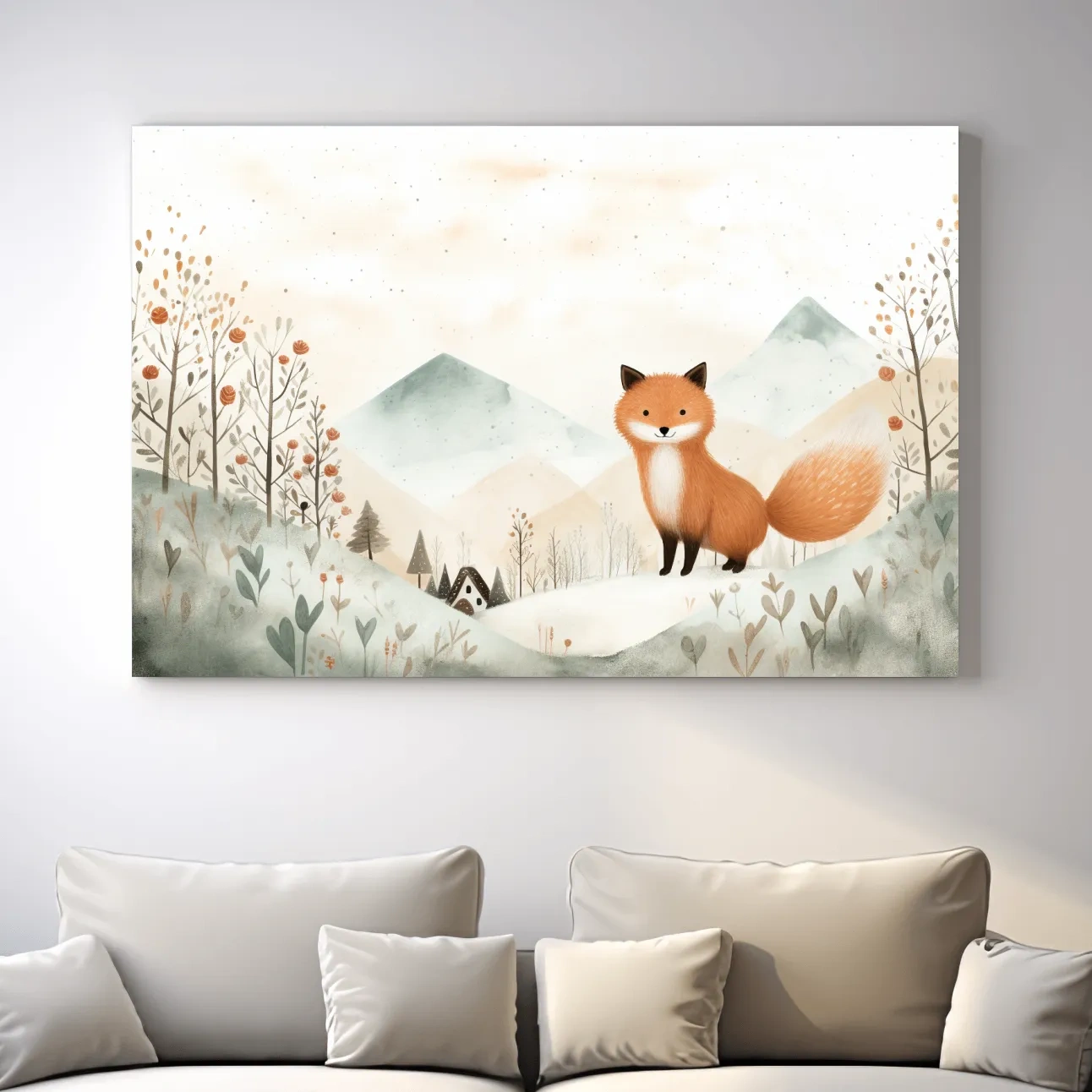 Whimsical Watercolor Fox In Pastel Mountains - Cute Nursery Animal Wall Art
