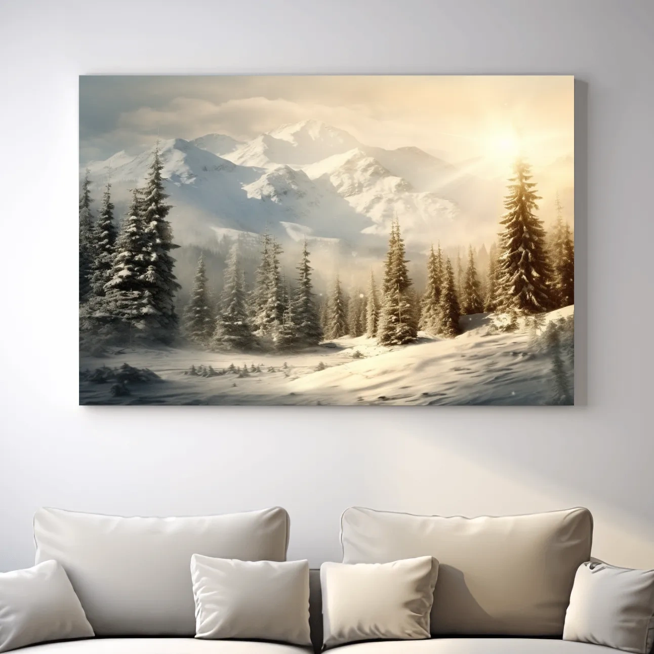Snow covered mountains at sunrise, realistic painting