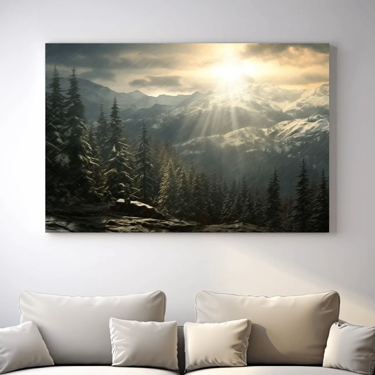 Sunset snowstorm, realistic snow mountain painting