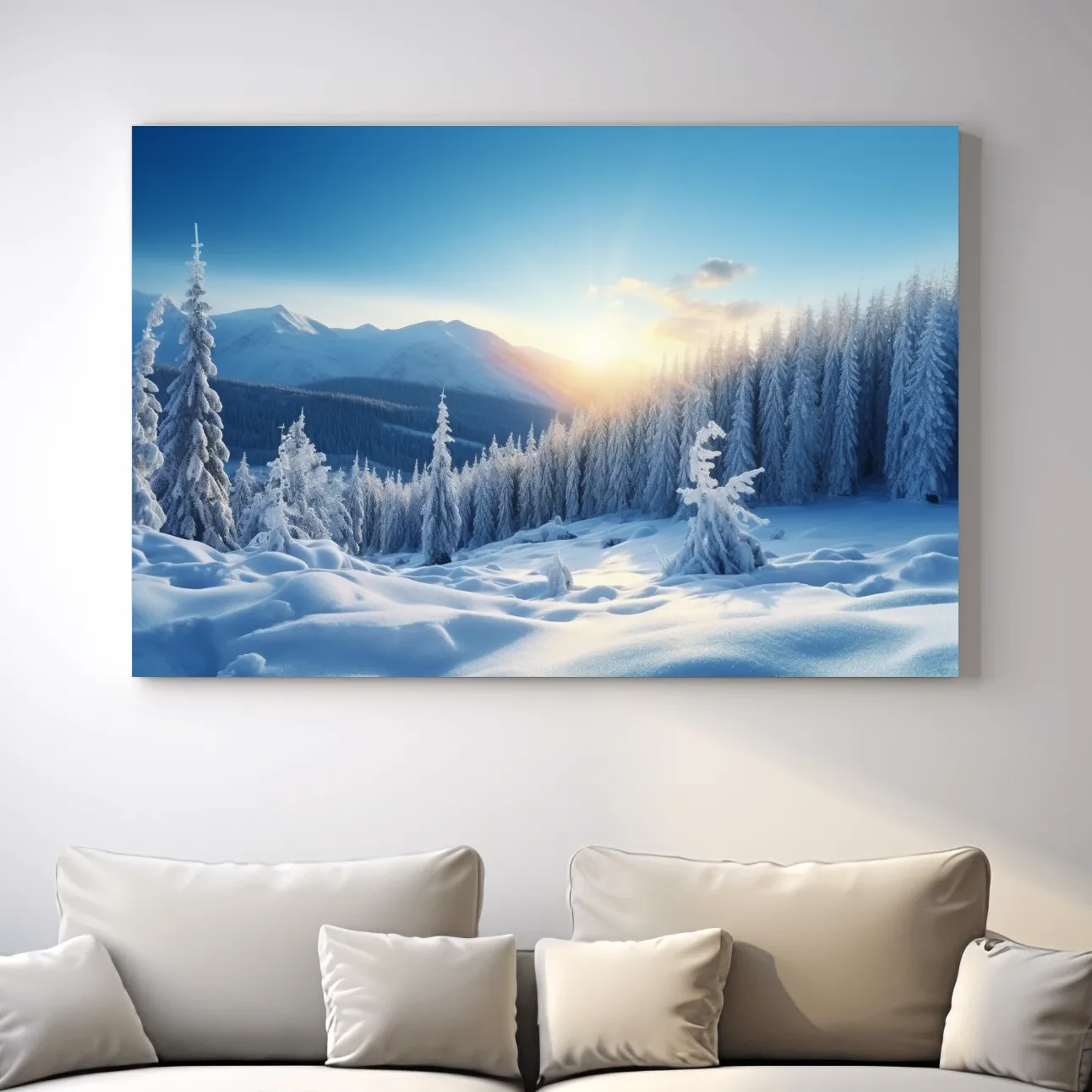 Snow covered alpine trees in the sun, photographic art
