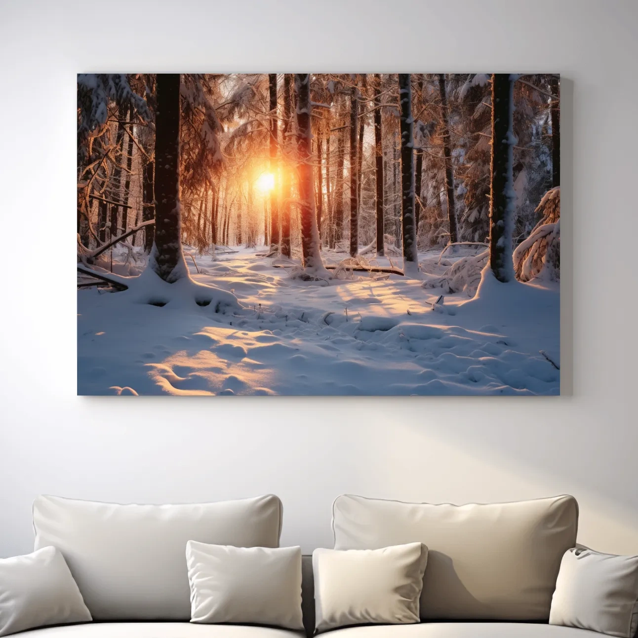 Snow covered forest at sunset, photograph