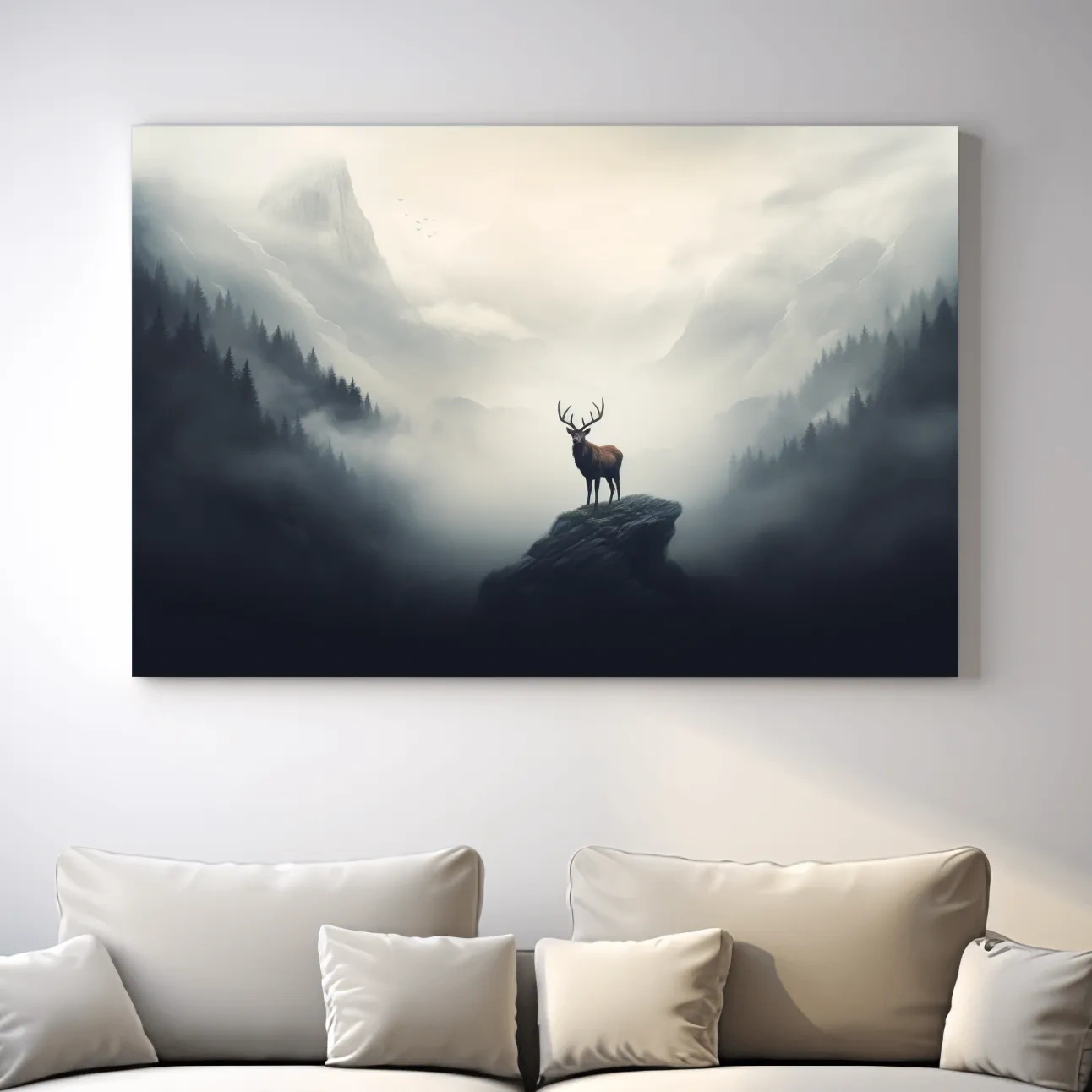 Painting of a majestic deer standing in the fog
