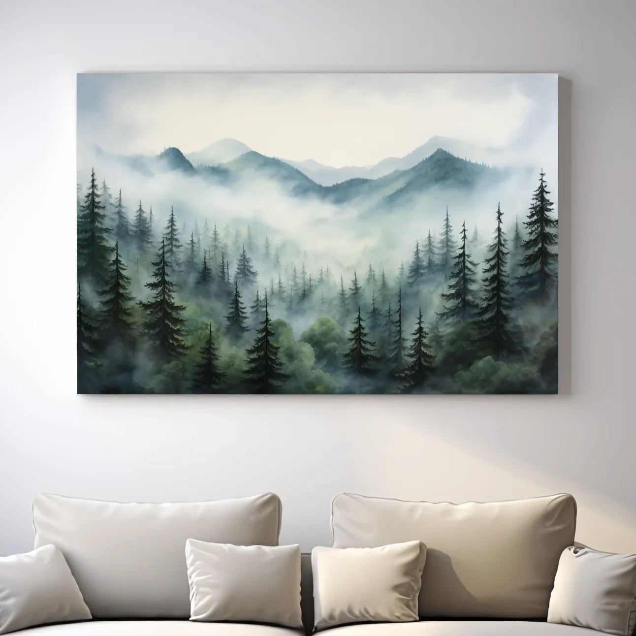 Misty Alpine Forest Painting - Foggy Mountain Landscape Art