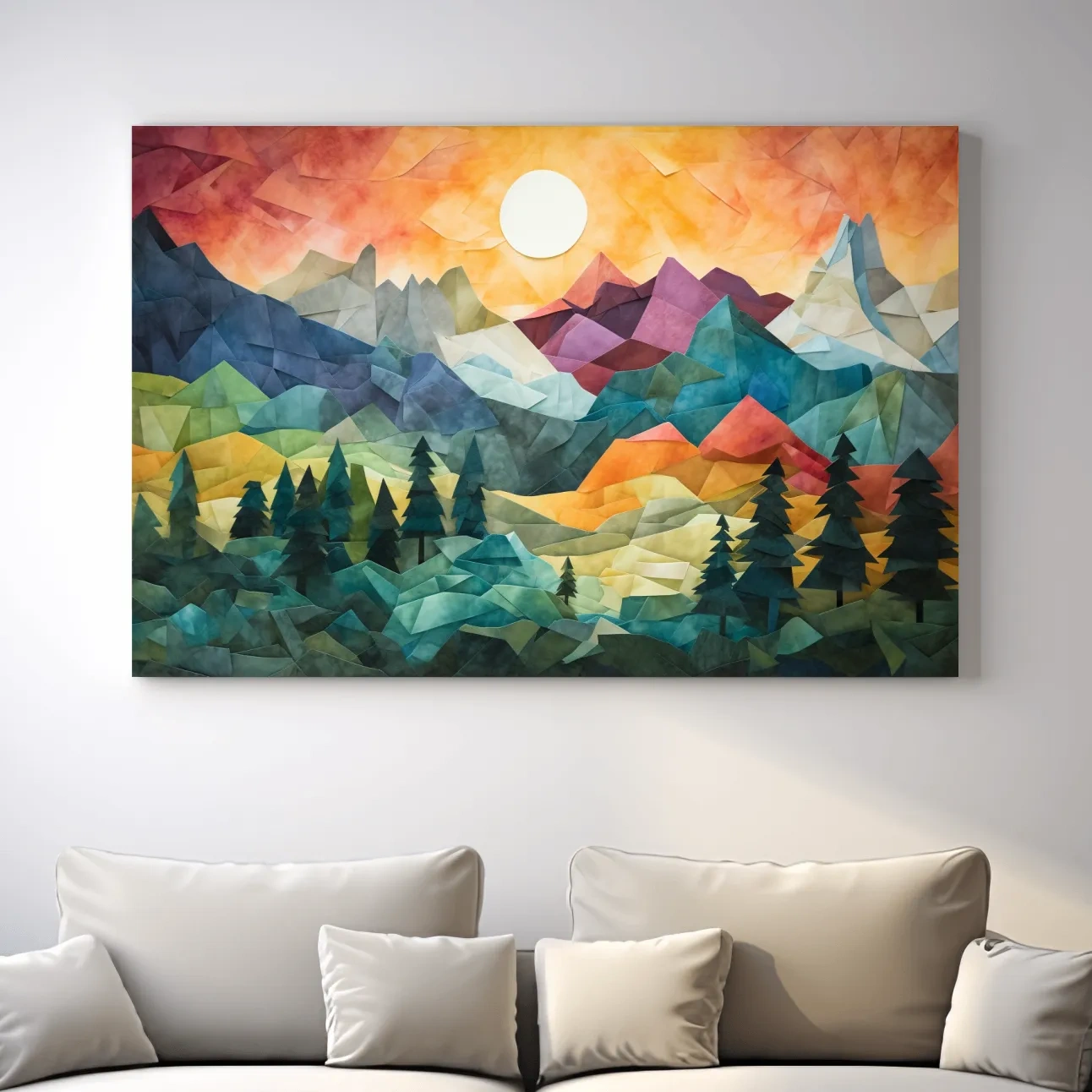 Abstract alpine mountain art at sunset, mixed media patchwork style