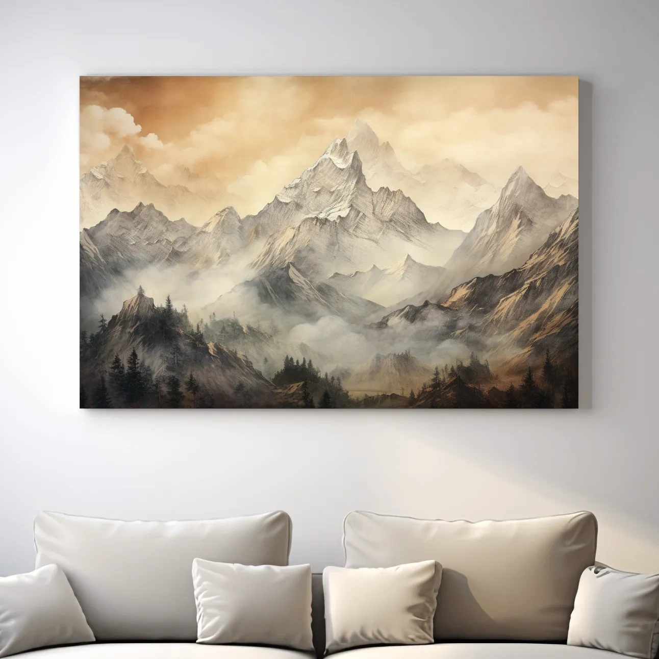 Alpine glacier scene at sunset, sketch style drawing artwork, high alpine landscape wall art