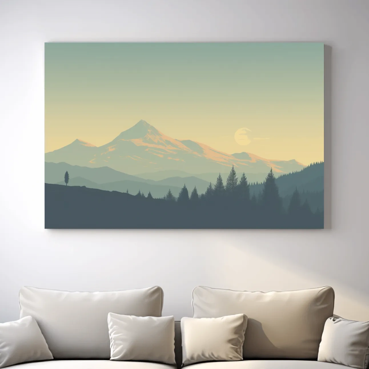 Minimalist Misty Mountain Sunrise Landscape - Serene Alpine Forest Wall Art