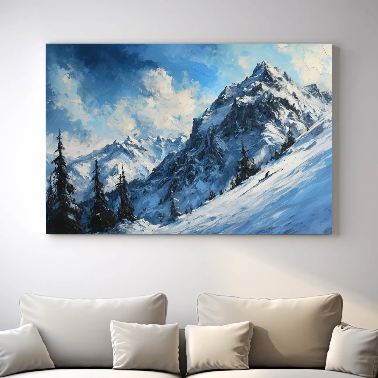 Textured oil painting of alpine snowy mountain
