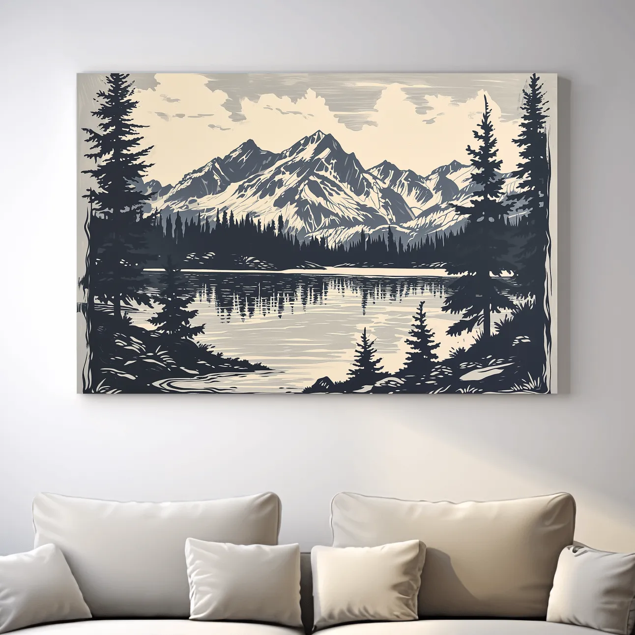 Vintage Alpine Lake Mountain Illustration - Monochrome Linocut Style Artwork