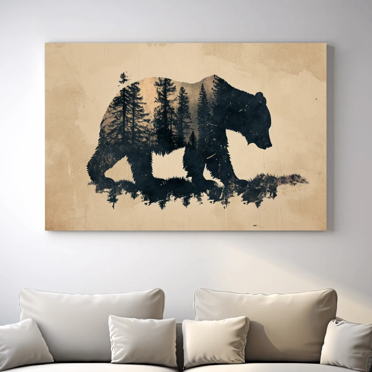 Vintage grizzly bear illustration artwork, double exposure sepia style