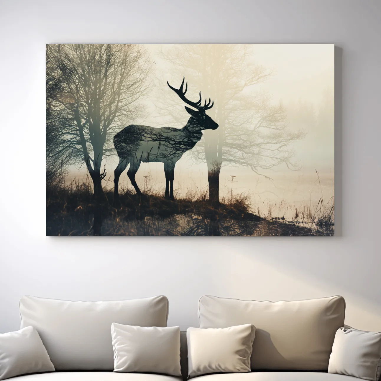 Double exposure photographic artwork of a deer silhouette in the forest