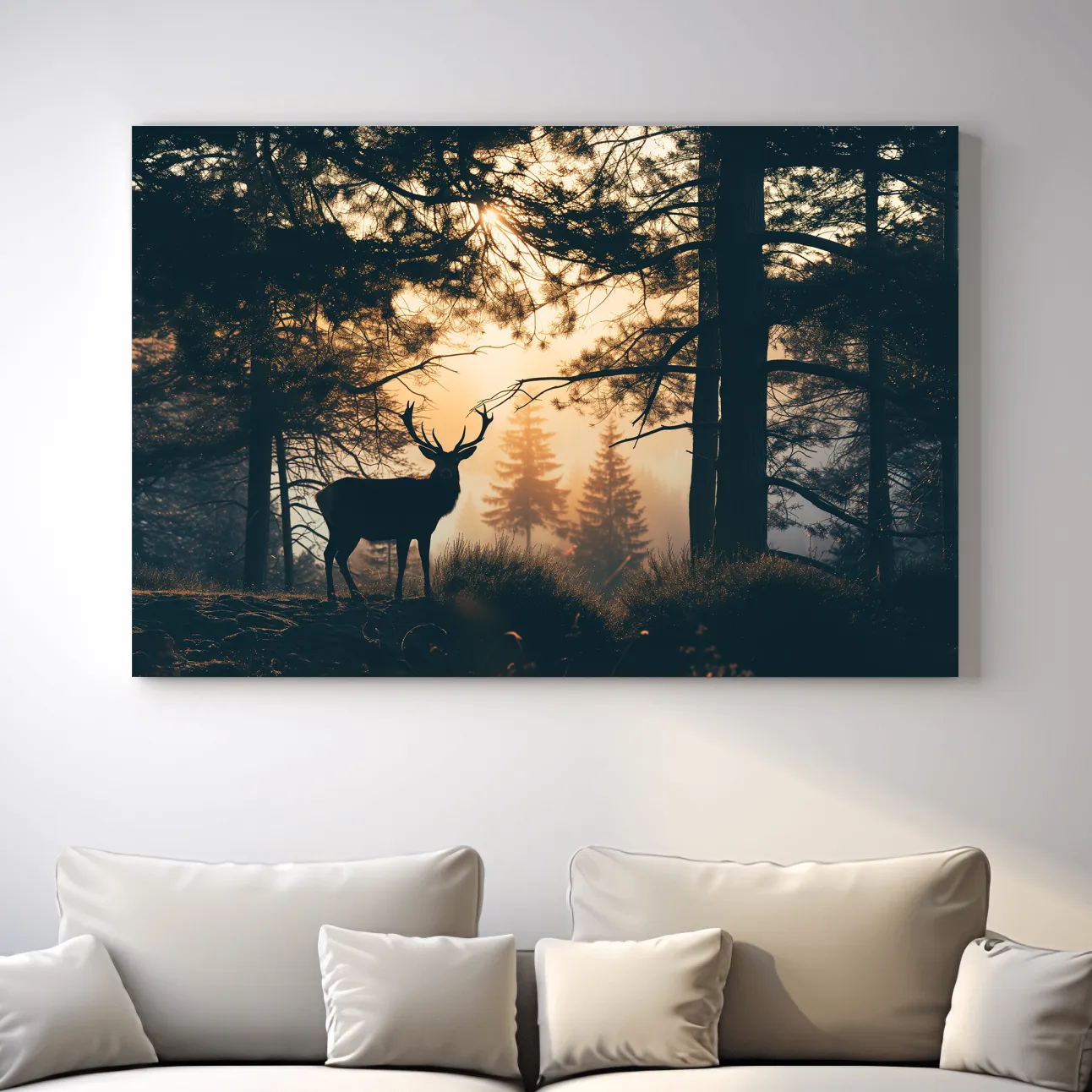Photograph of a deer silhouette in the forest at sunset