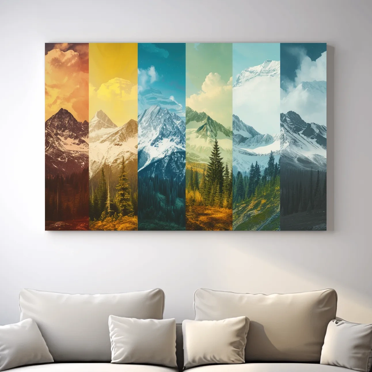 Changing of seasons, alpine forest and glacier art, split panel artwork