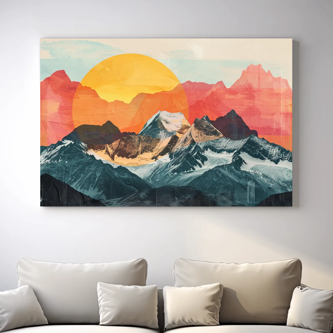 Print collage style abstract mountain artwork