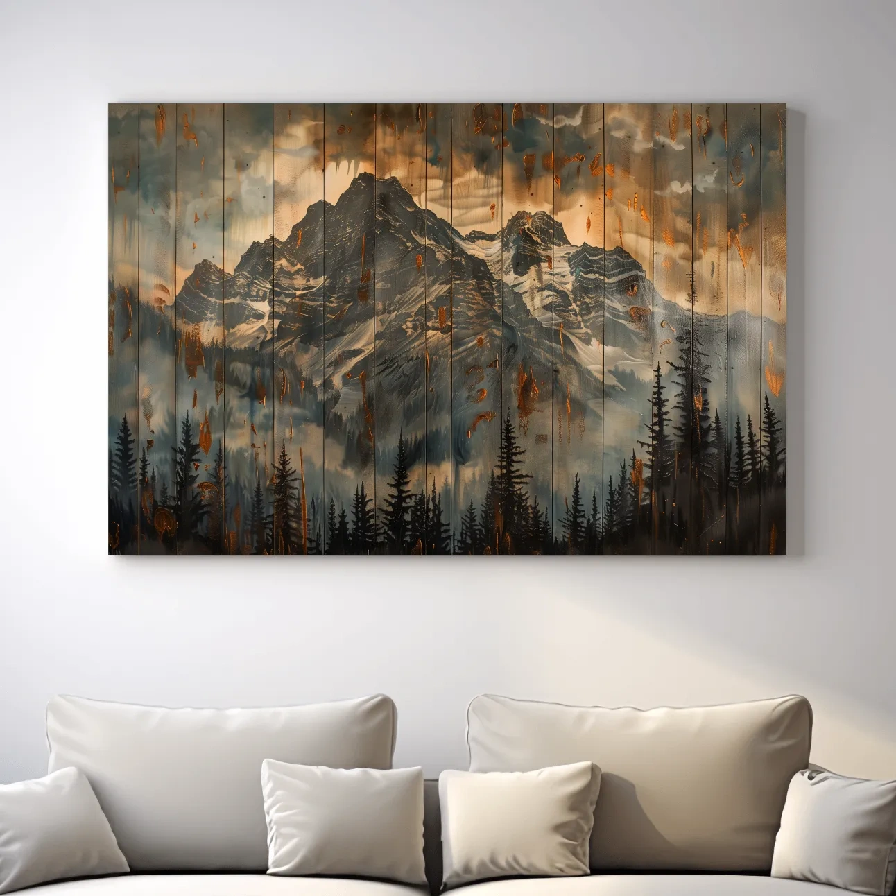 Rustic Mountain Range Painting - Alpine Forest Wood Panel Wall Art