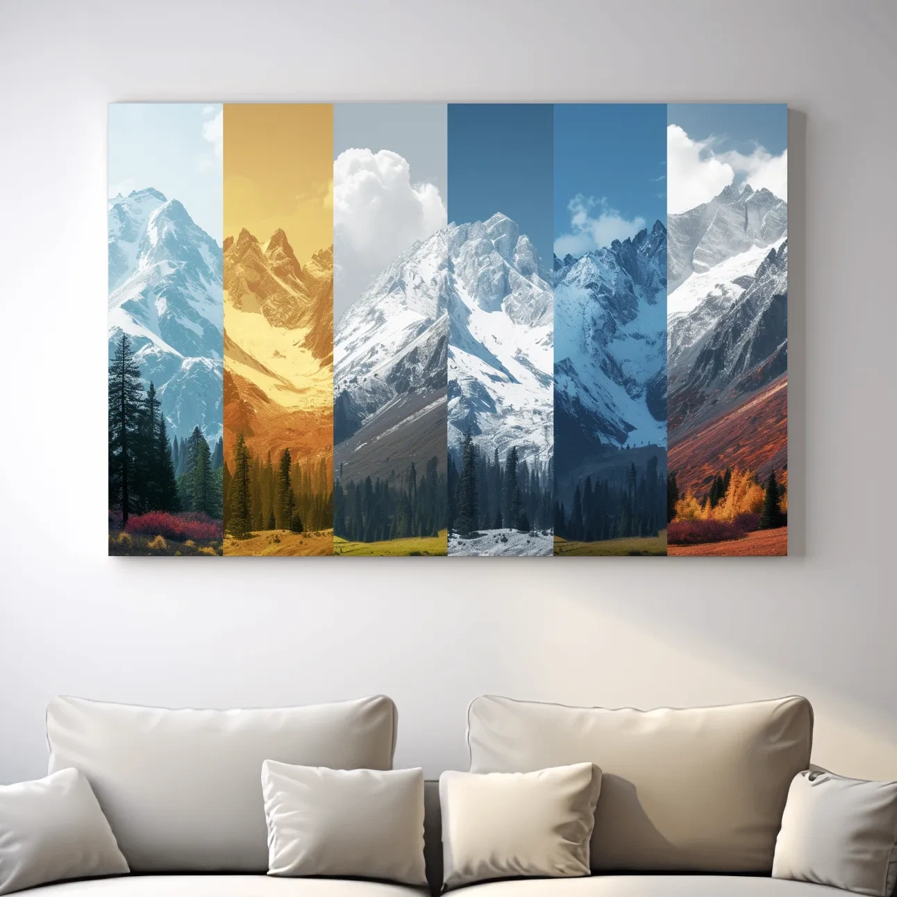 Alpine mountain artwork, forest and glacier, split panel changing of seasons inspired
