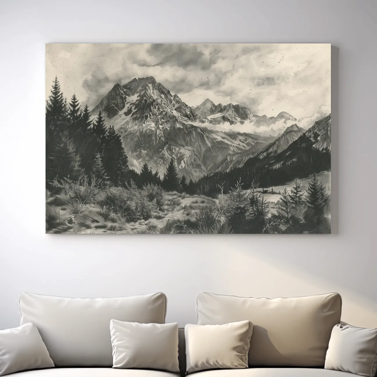 Lead pencil drawing, alpine meadows glacier artwork