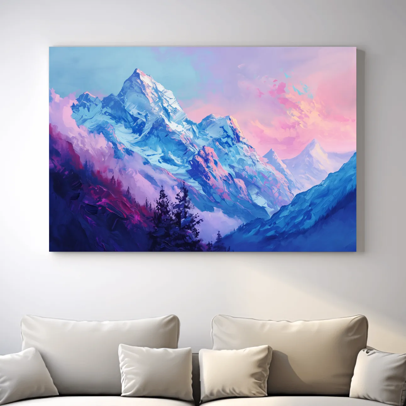 Impressionism style painting of a pink alpine sunset over a glacier
