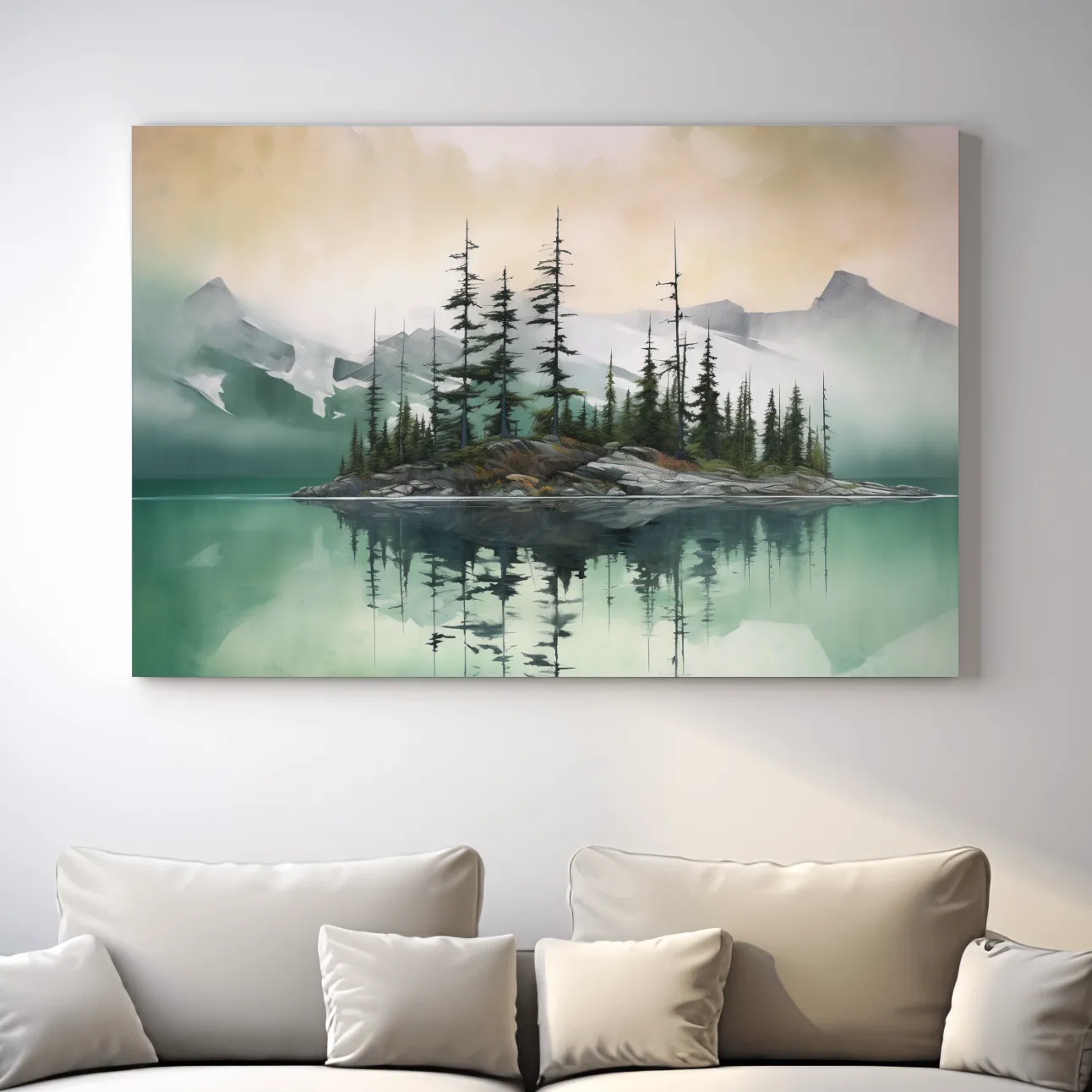 Misty Turquoise Alpine Lake Reflection - Serene Watercolor Mountain Landscape Wall Art