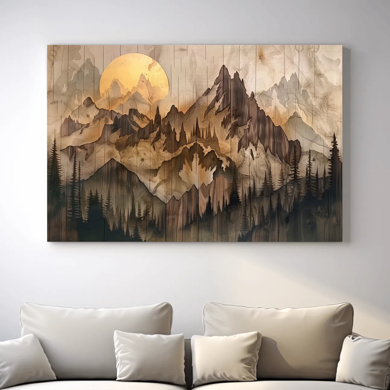 Rustic wood panel effect alpine mountain forest wall art, wood burning effect cabin artwork