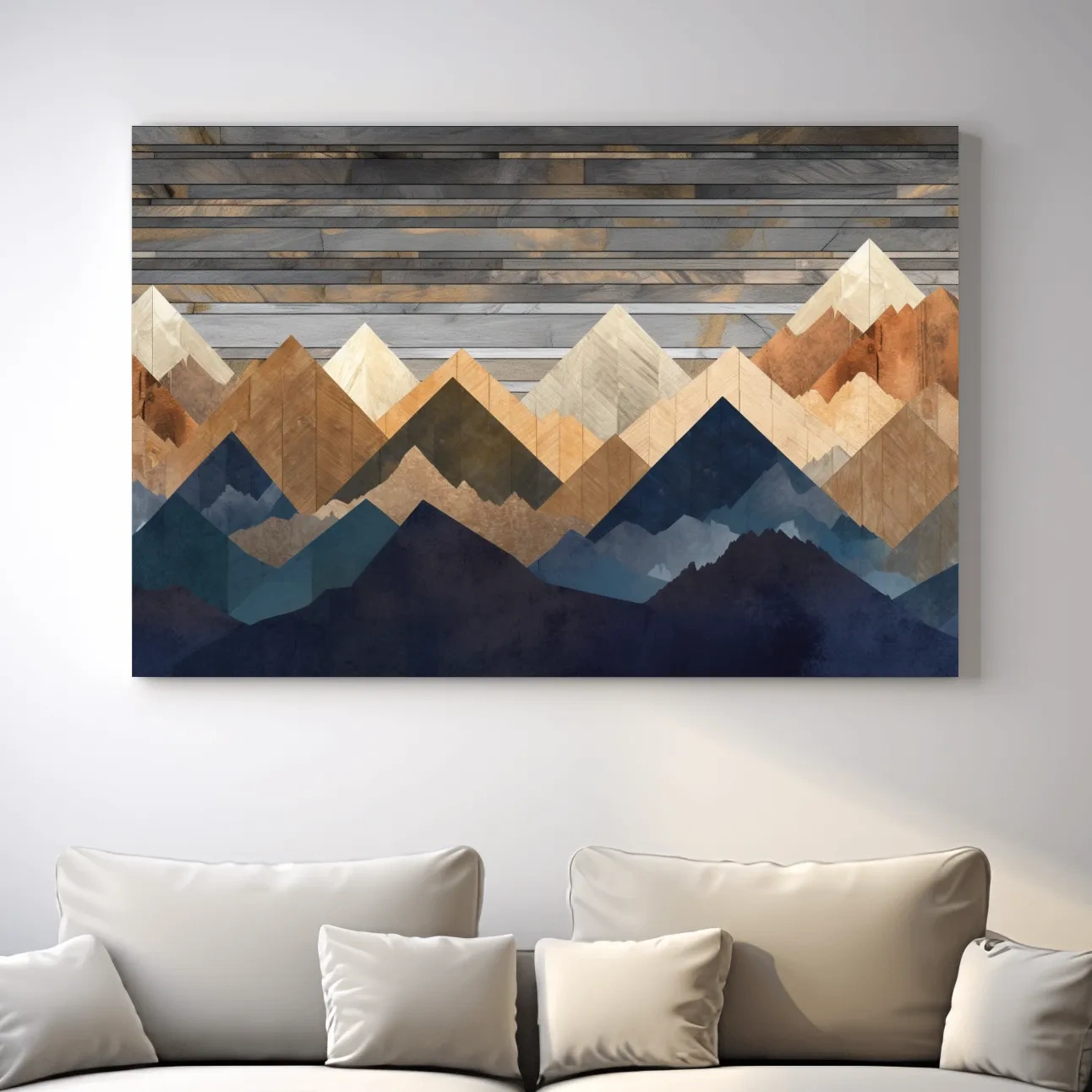 Geometric Layered Mountain Peaks - Rustic Wood Texture Abstract Wall Art