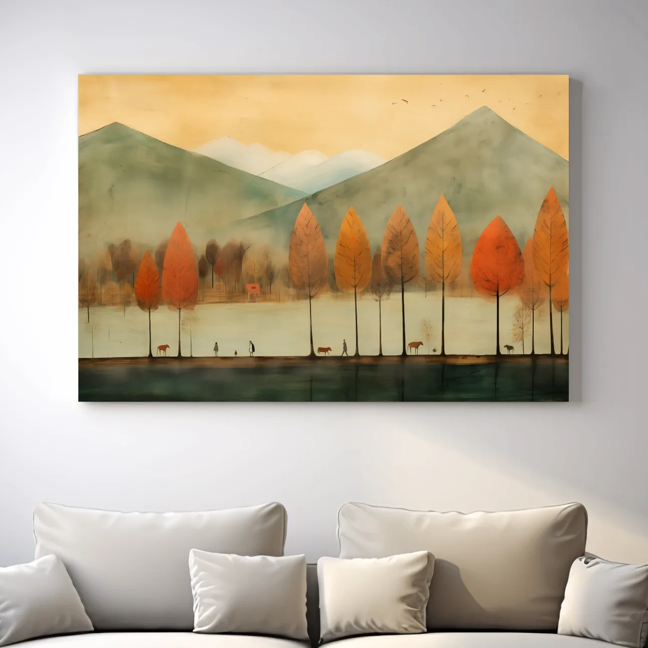 Autumn Tree Lined Lake Landscape - Quirky Watercolor Style Wall Art