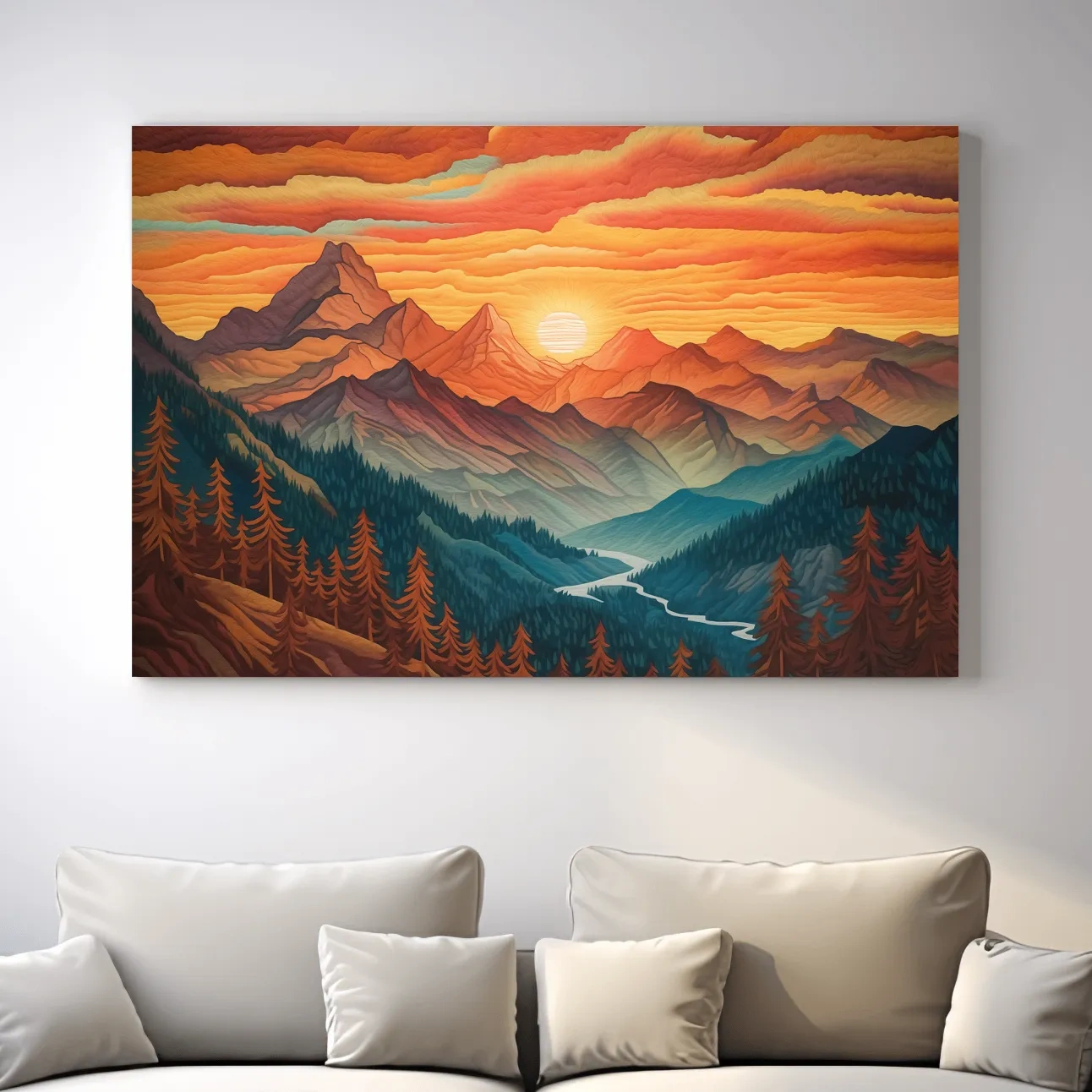 Vibrant Sunset Mountain Range Illustration - Layered Alpine Landscape Wall Art
