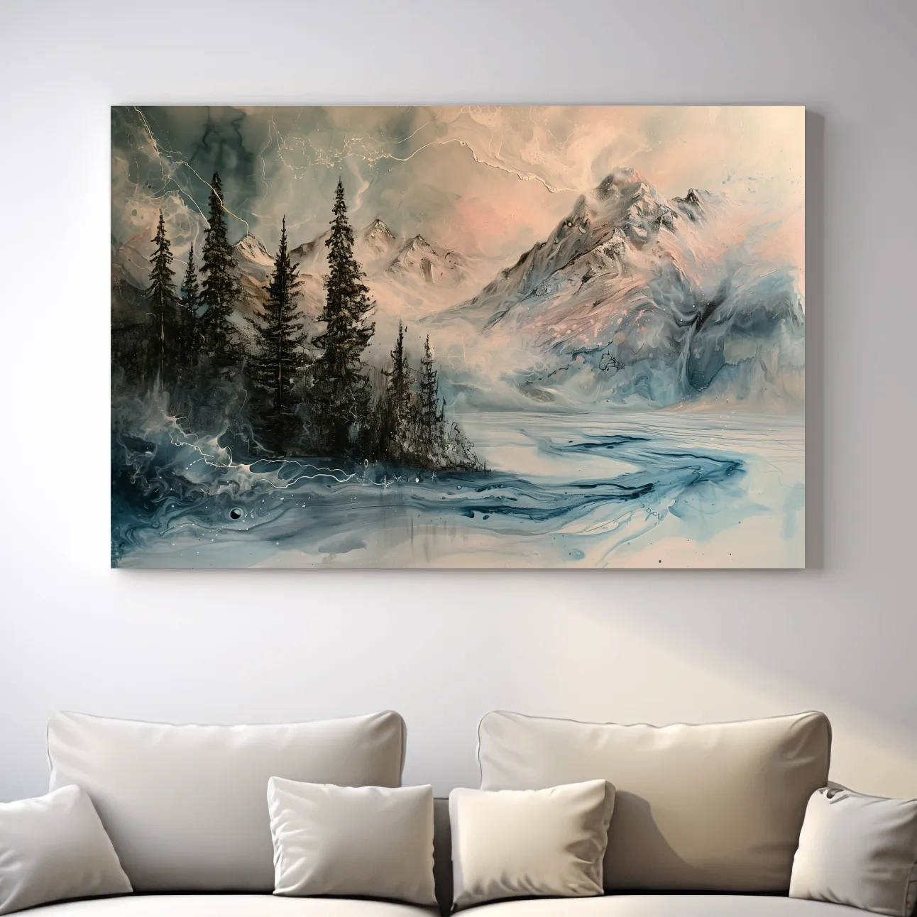 Ethereal Mountain Lake Alpine Forest - Moody Abstract Alcohol Ink Wall Art