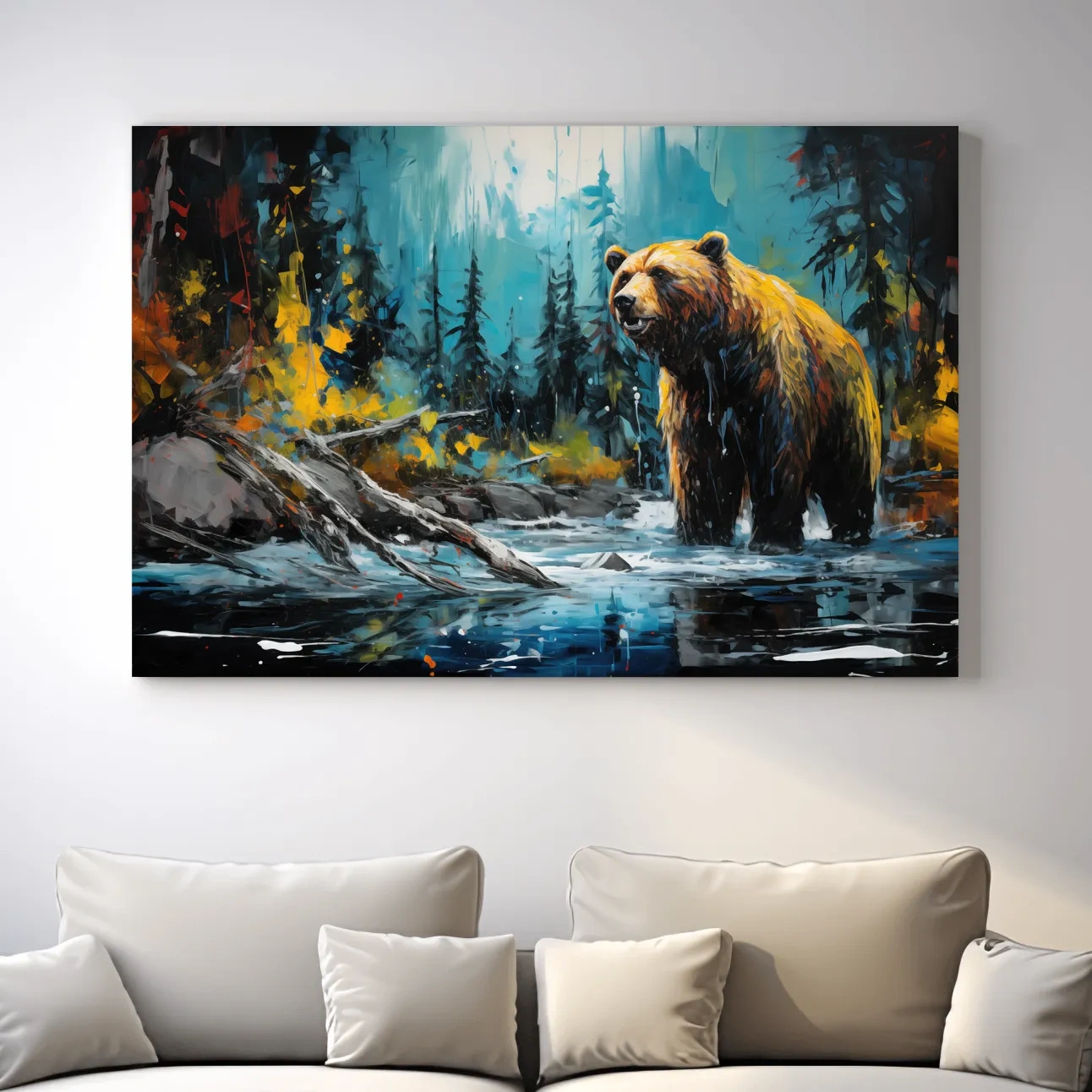 Colourful painting of a grizzly bear in the river