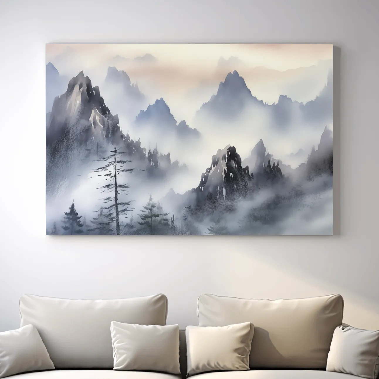 Chinese traditional ink wash style watercolour painting of foggy mountains
