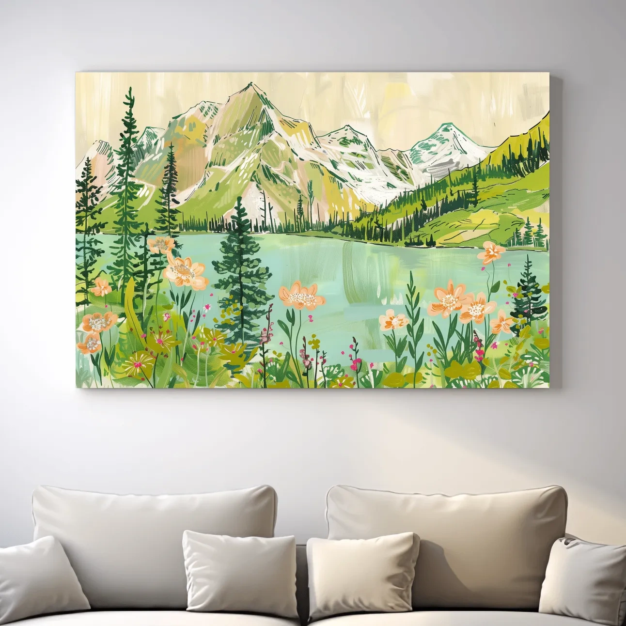 Alpine lake and mountains artwork, stylized painting style