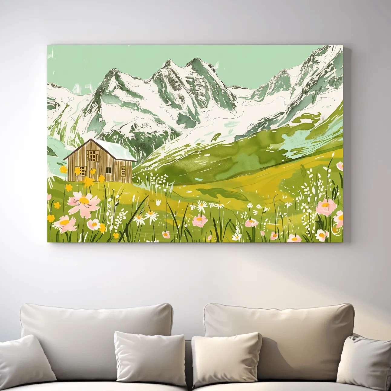 Alpine cabin artwork, flowers and glacier, stylized sketch painting style
