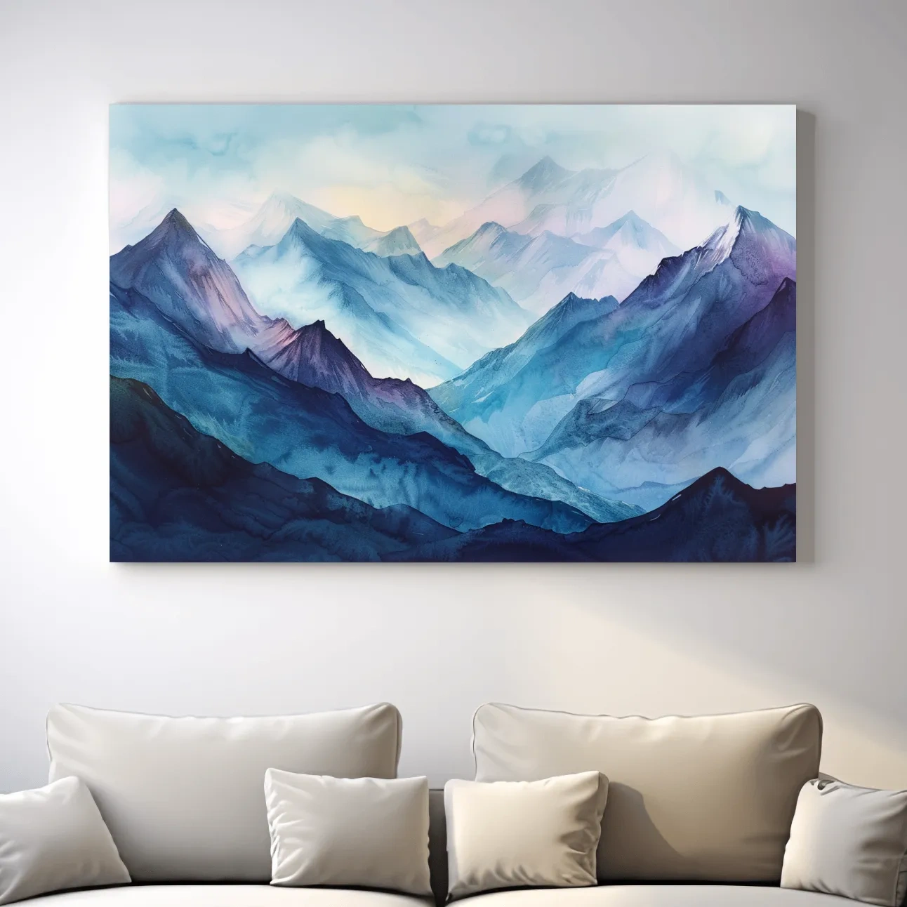 Watercolour mountain painting, colourful mountain landscape artwork