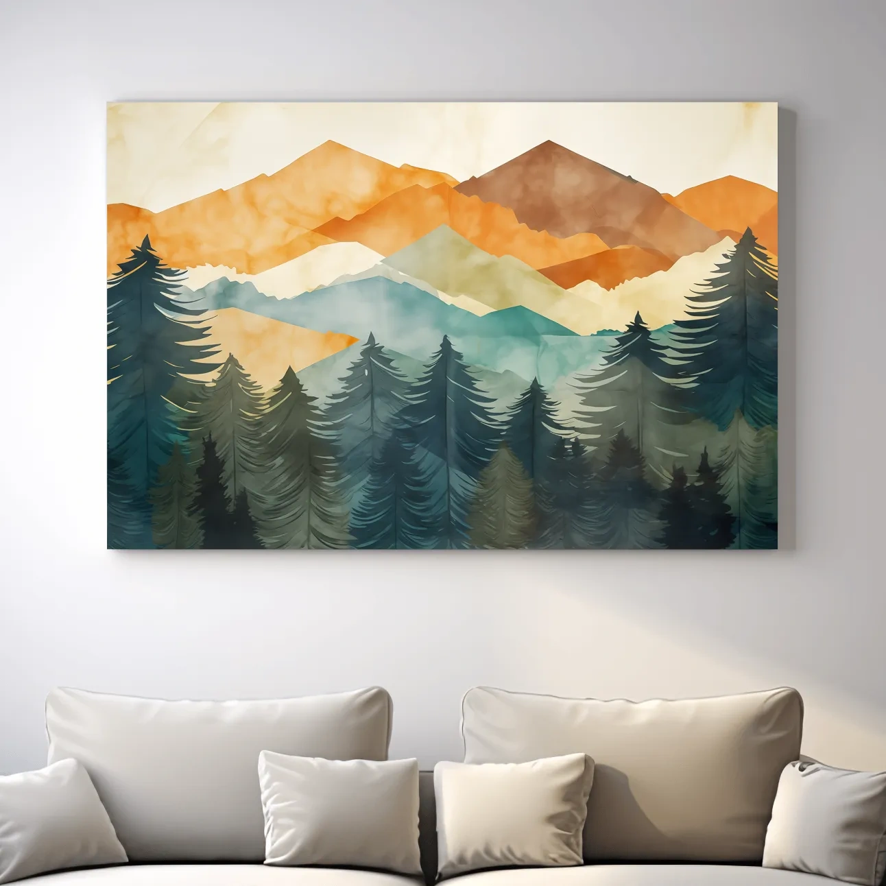 Abstract watercolor painting, mountains and forest