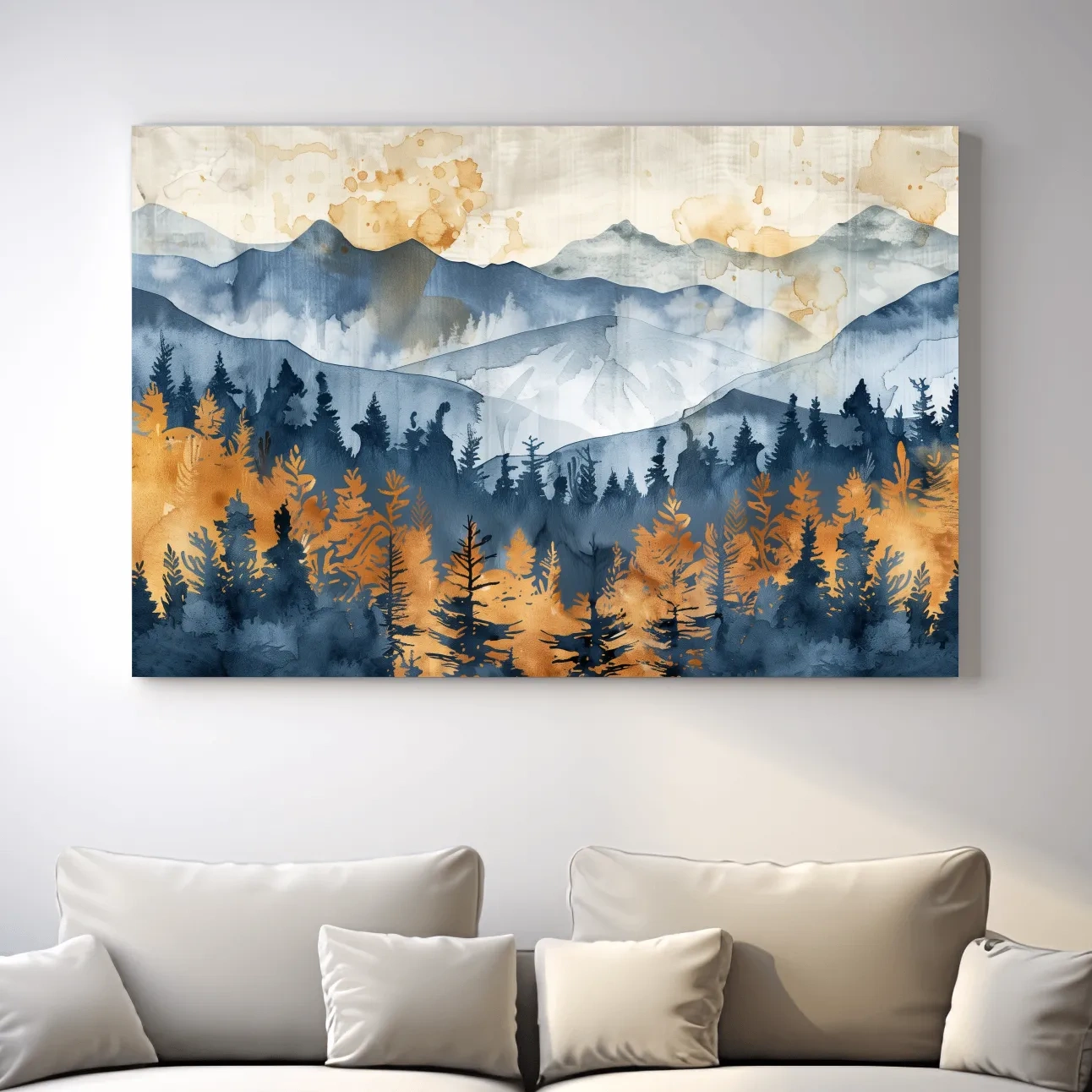 Watercolor Mountain Forest Landscape - Abstract Golden Autumn Pines Wall Art
