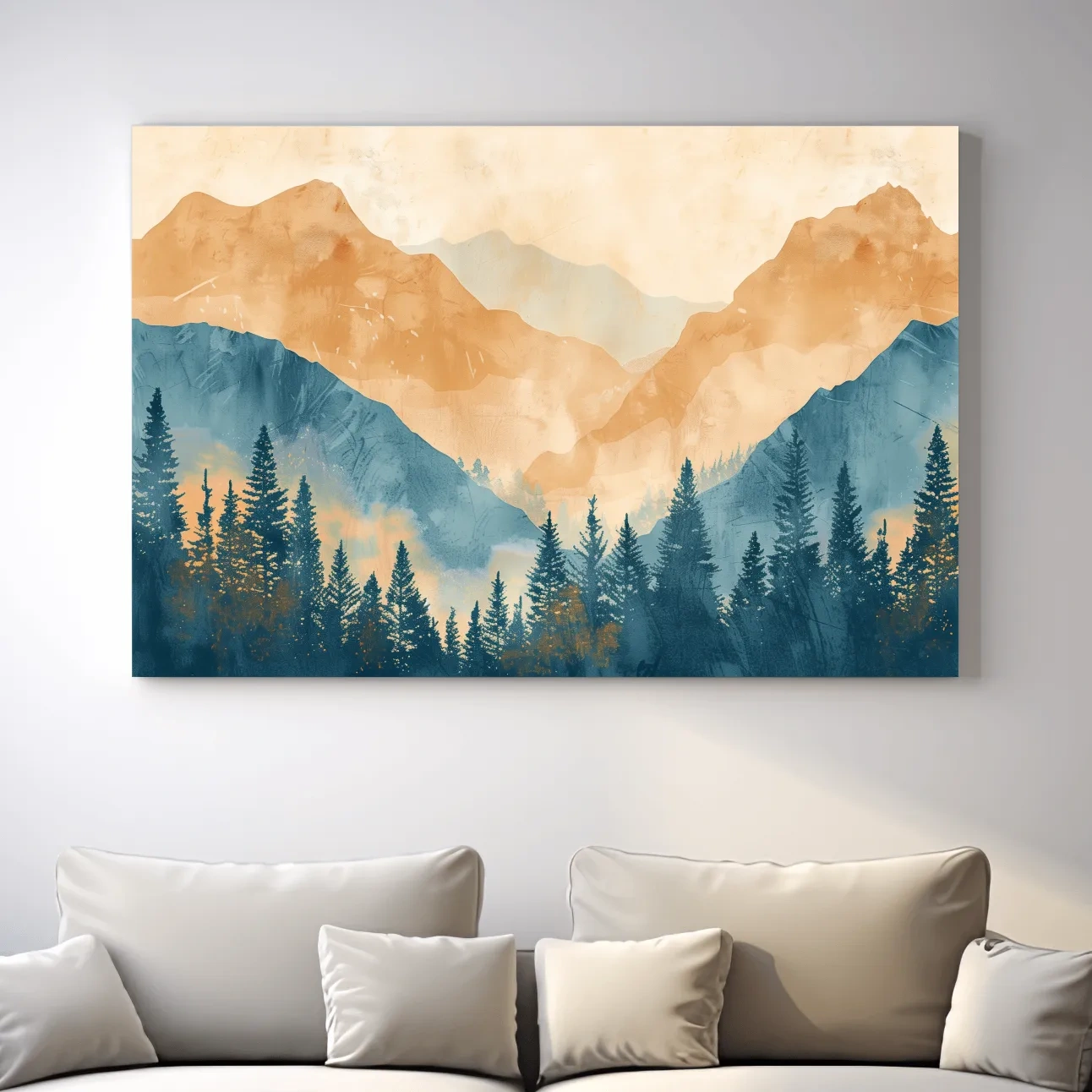 Watercolour painting, foggy treeline in the mountains, textured art style