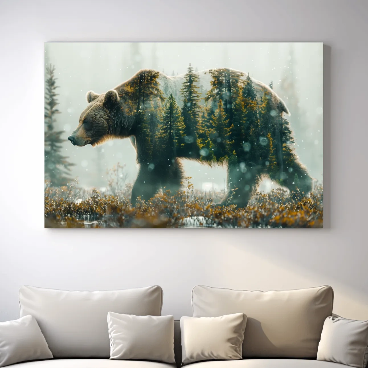 Double exposure photography, grizzly bear in the forest
