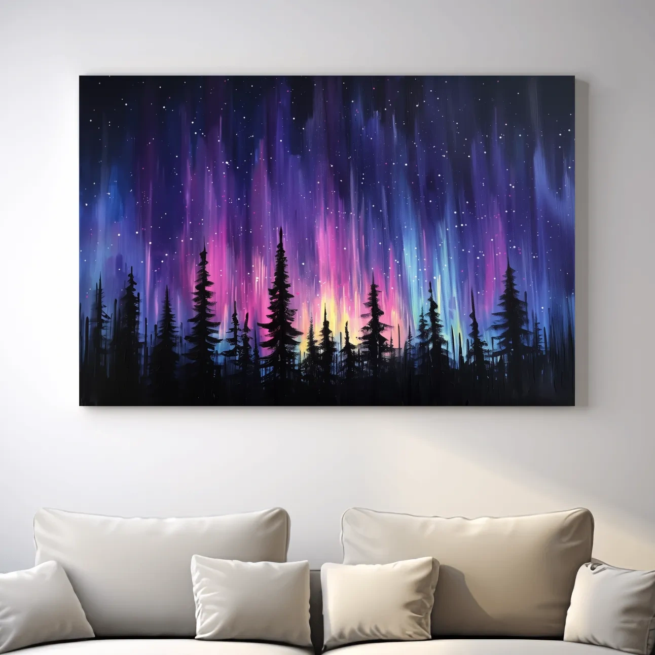 Painting of silhouetted trees against purple and pink northern lights sky