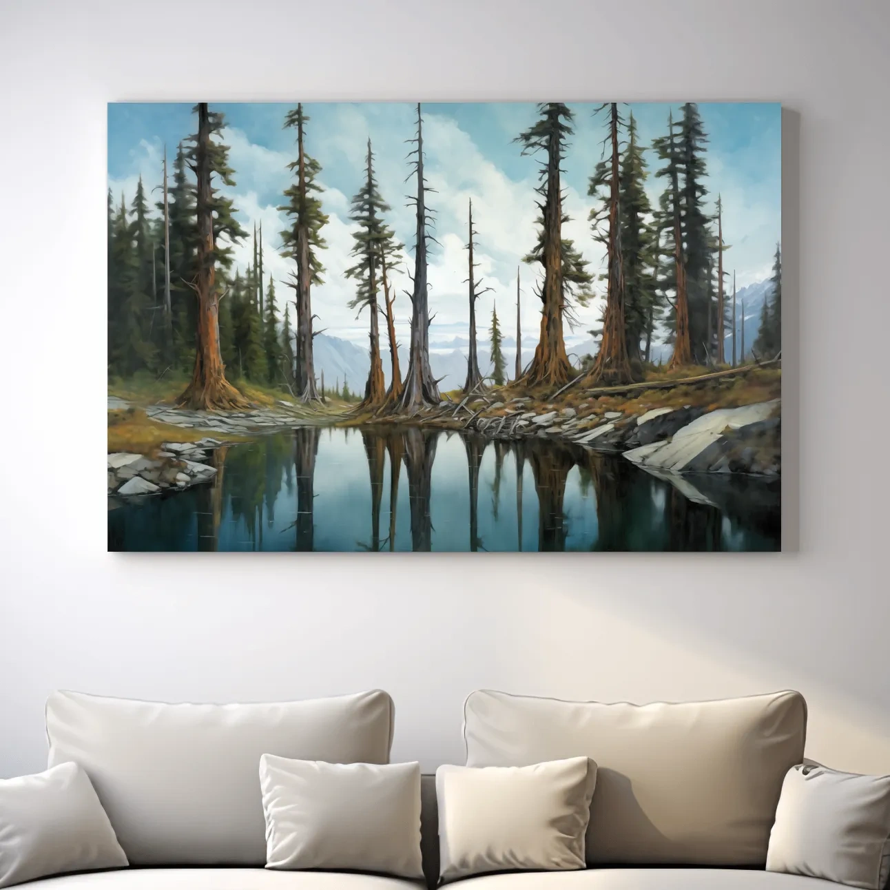 Painting of a line of trees beside a lake and mountains, forest artwork